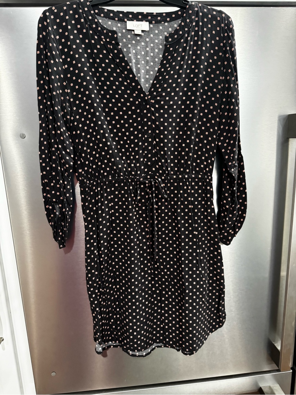 LOFT Black Dress with Light Pink Square Print